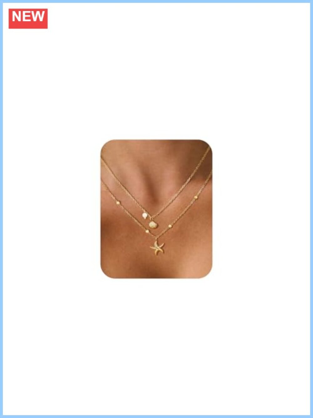 14k Gold Plated Layered Shell Starfish Necklace Adjustable Stainless Steel